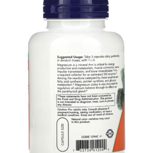 NOW Foods Magnesium Citrate supplement for Support nervous system 120 Veg Capsules 