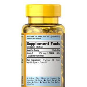 أقراص فيتامين د3 لتعزيز جهاز المناعة | Vitamin D3 - 125Mcg - 5000Iu - 100 Cap - Puritans Pride