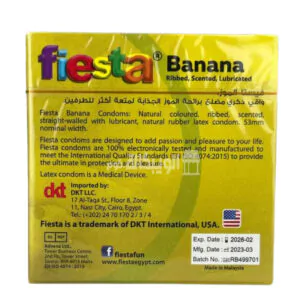 الواقي الذكري فيستا لتعزيز المتعة والإثارة بنكهة الموز من فييستا 3 قطع - Fiesta Banana - Ribbed &Amp; Flavoured Condoms